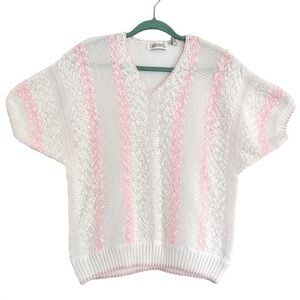 Vintage V-Neck Short Sleeve Sweater - White with Pink Stripes